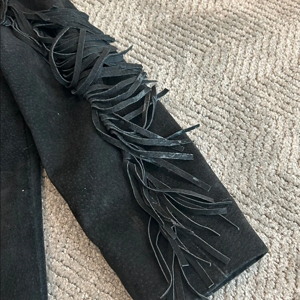 Vintage Lariat Girls Black Suede Leather Fringe Western Jacket Made in USA Sz S